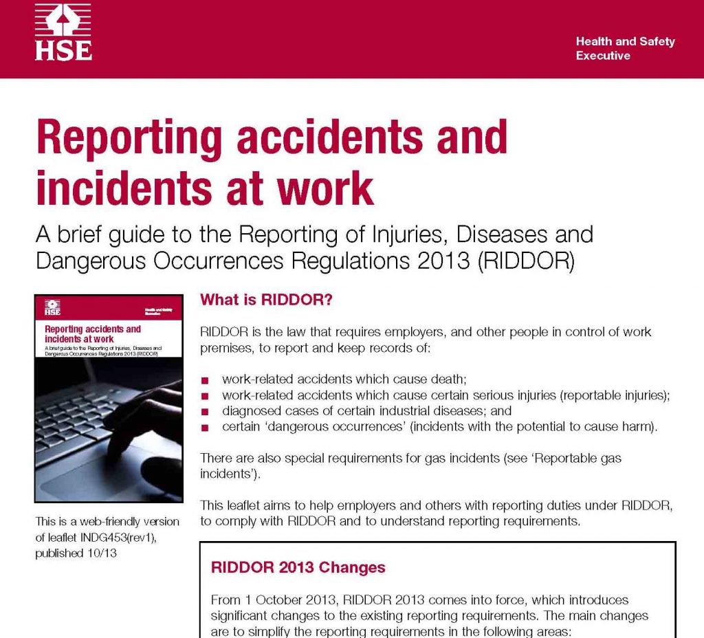 Reporting Of Injuries Diseases And Dangerous Occurrences Regulations 